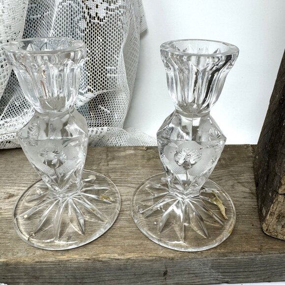 Vintage Crystal Candle Holders Set Of 2 Etched Floral Design Clear Glass Elegant - Picture 7 of 7